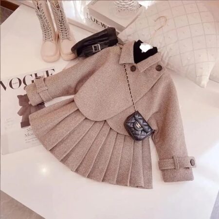 Girls Fashionable Coat Outwear And Skirt 2-Piece Set