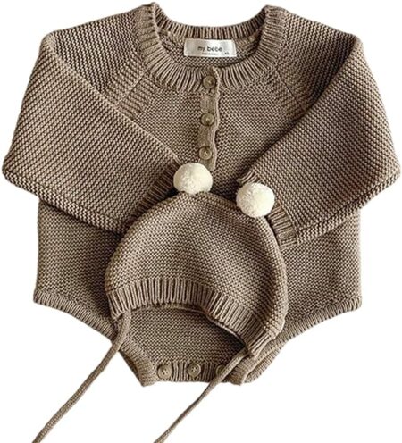 Cute Knitted Baby Romper and Beanie Set